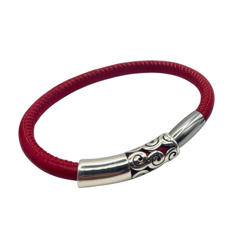 Brighton Vertigo Red Bracelet Silver Scrollwork Tubular Bead Magnetic Clasp